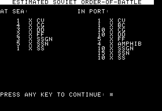 Northern Fleet (Apple II) screenshot: Estimated Soviet Ship Locations