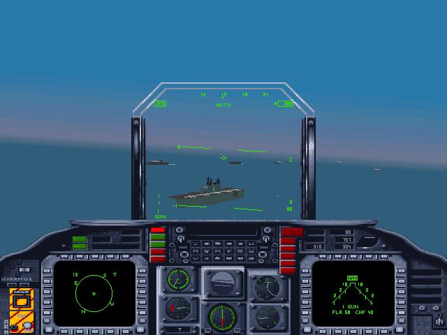 Super-VGA Harrier (DOS) screenshot: Flying over our fleet (cockpit view)