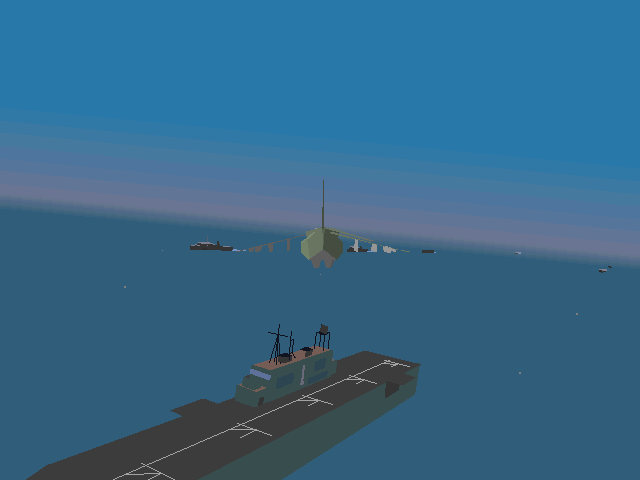 Super-VGA Harrier (DOS) screenshot: Flying over our fleet (external view)