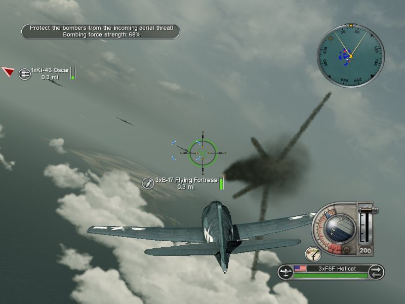 Battlestations: Pacific (Macintosh) screenshot: B-17 Flying Fortress bombing Iwo Jima is rescued by a flight of lethal F6F Hellcats