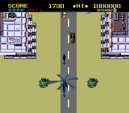 ThunderBlade (TurboGrafx-16) screenshot: Stage 1 (top-down perspective)