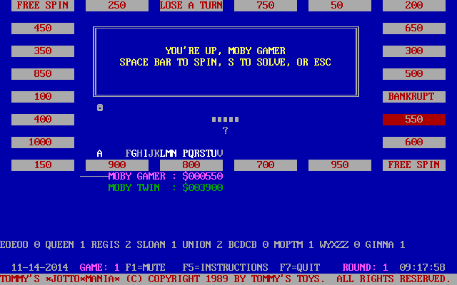 Tommy's Jottomania (DOS) screenshot: The two-player game progresses Eliminated letters are removed from the alphabet, letters contained in successful guesses are highlighted and untried letters are shown in grey