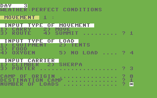 Conquering Everest (Commodore 64) screenshot: Making a move to camp one