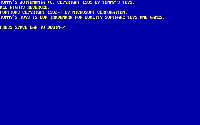 Tommy's Jottomania (DOS) screenshot: This is the first screen the player sees. Most, if not all, of Tommy's shareware games start like this