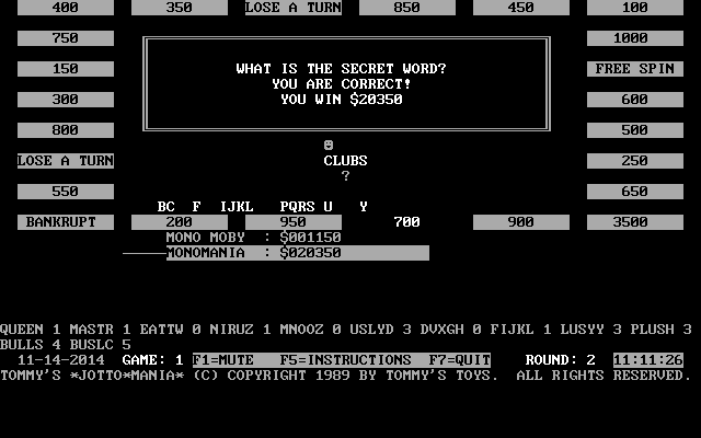 Tommy's Jottomania (DOS) screenshot: The game can be played on monochrome This is the end of a two player game with that option enabled