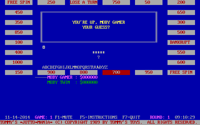Tommy's Jottomania (DOS) screenshot: After spinning the wheel 'Moby Gamer' has to guess the word, or at least the letters that it may contain. Here they score $700 per letter they get right