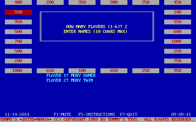 Tommy's Jottomania (DOS) screenshot: The start of a two player game. Here the players have entered their names. The game caters for six players