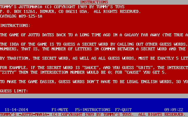 Tommy's Jottomania (DOS) screenshot: The first screen of the in-game help file