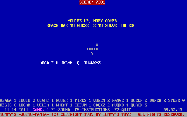 Tommy's Jottomania (DOS) screenshot: Here the player has correctly guessed the word and now has to press 'S' to solve the clue