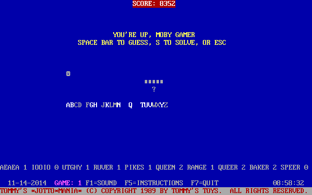 Tommy's Jottomania (DOS) screenshot: A single player game is underway. Guesses with no intersects, i.e. they contain none of the letters of the target word, result in those letters being removed from the letter list