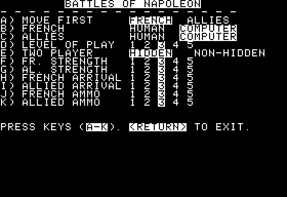 Battles of Napoleon (Apple II) screenshot: Setting up my forces.