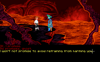 The Secret of Monkey Island (DOS) screenshot: A dialogue late in Act III. The final (and shortest) Act IV will begin soon. Typical Monkey Island humorous choices