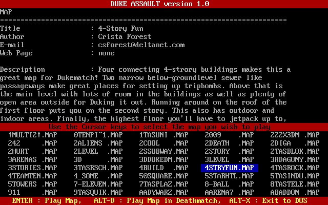 Duke Assault (DOS) screenshot: The interface of the Duke Assault loader, from which you can play each map, and which displays (part of) the text file for any map that has one.