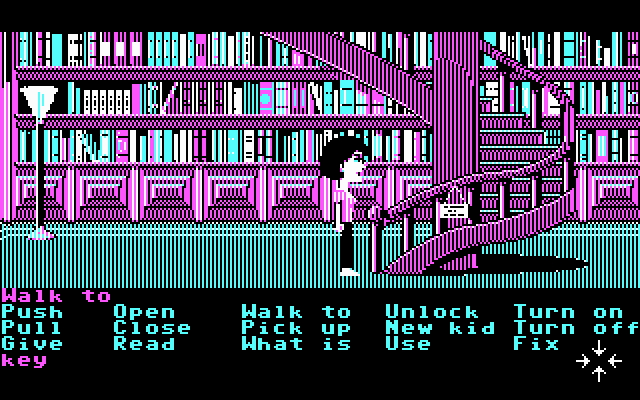 Maniac Mansion (DOS) screenshot: The library (Enhanced version, CGA)