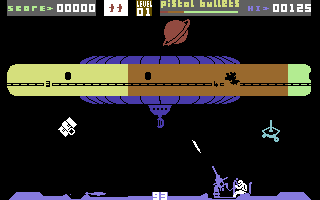 Cosmic Cruiser (Commodore 64) screenshot: Using the gun to blast the portals open.