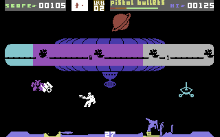 Cosmic Cruiser (Commodore 64) screenshot: Taking the crew member to your ship.