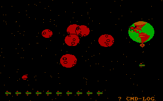 Rockets (DOS) screenshot: The start of a game. All the planets are drawn separately