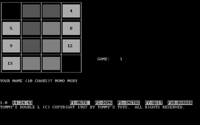 Tommy's Double L (DOS) screenshot: The game has an optional monochrome display. This is what the game looks like when that mode is in use
