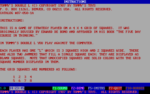 Tommy's Double L (DOS) screenshot: The first screen of the game's help text