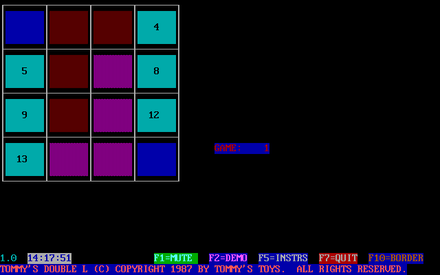 Tommy's Double L (DOS) screenshot: This is the game's equivalent of a title screen. The shapes move around and a piece of nursery-rhyme like music plays. When the player presses a key they are prompted for their name