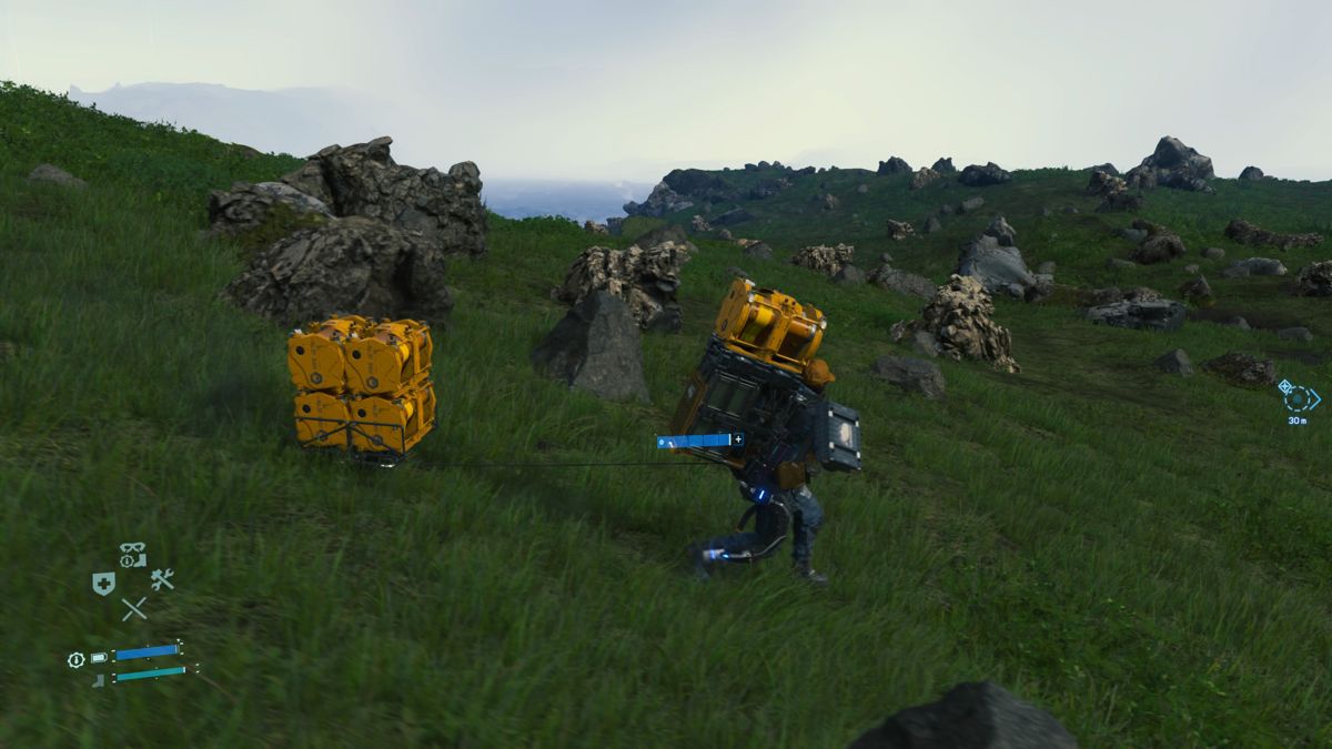 Death Stranding (PlayStation 4) screenshot: A floating platform allows the player to transport much heavier cargo