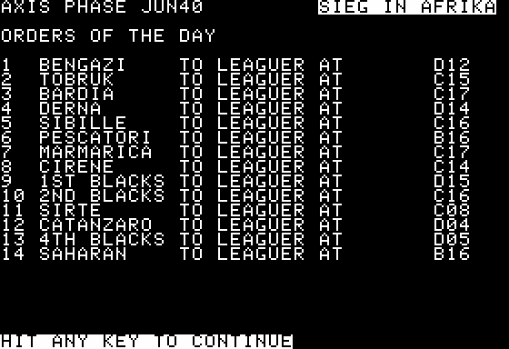 Sieg in Afrika (Apple II) screenshot: Location of my Troops