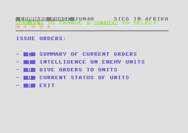 Sieg in Afrika (Commodore 64) screenshot: Main Command Menu