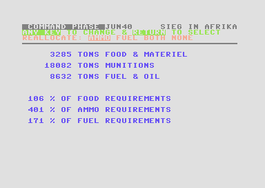 Sieg in Afrika (Commodore 64) screenshot: Available Supplies