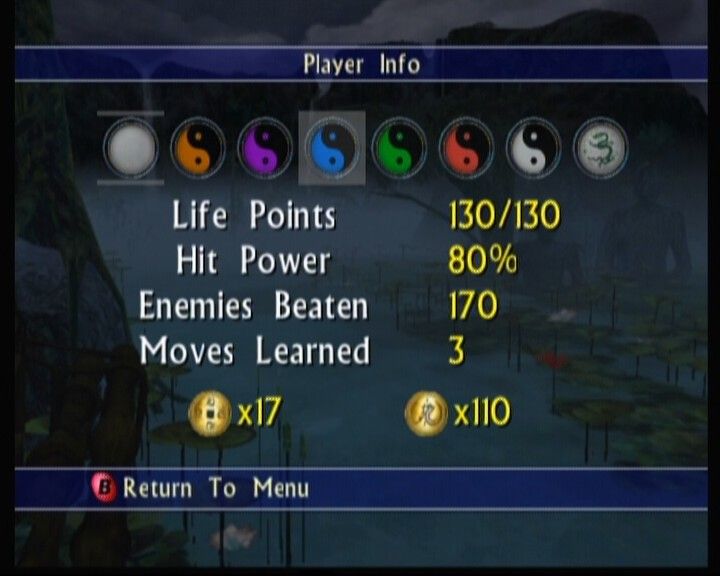 Bruce Lee: Quest of the Dragon (Xbox) screenshot: Player info screen shows your current hit power and health which are upgradable