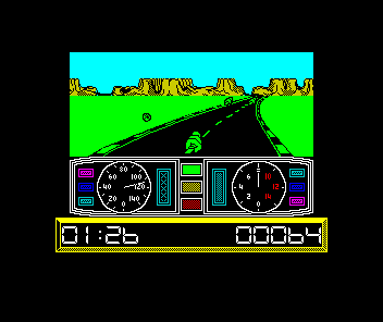 Super Cycle (ZX Spectrum) screenshot: Taking a left-hand bend
