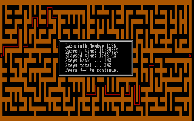 Labyrinth (DOS) screenshot: Labyrinth solved: here's some statistics.
