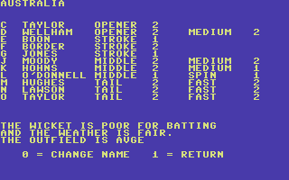 Cricket Master (Commodore 64) screenshot: Opposition team and the conditions