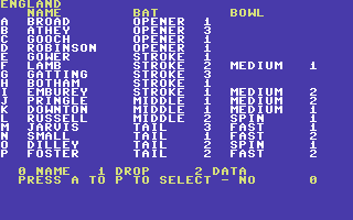 Cricket Master (Commodore 64) screenshot: Pick your team