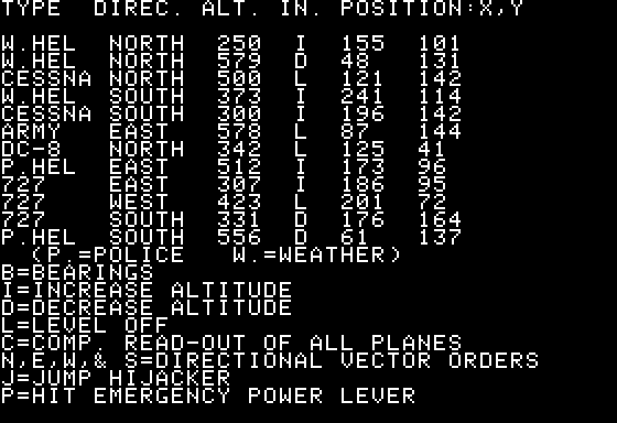 Air Traffic Controller (Apple II) screenshot: Current Heading of aircraft