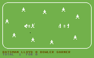 Cricket 64 (Commodore 64) screenshot: The batsman hits the ball