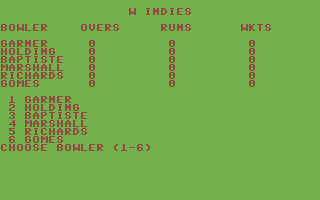 Cricket 64 (Commodore 64) screenshot: Choose the bowler