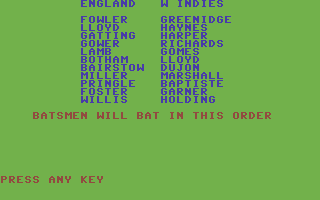 Cricket 64 (Commodore 64) screenshot: The two teams