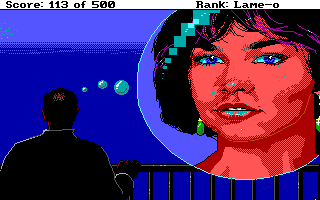 Leisure Suit Larry Goes Looking for Love (In Several Wrong Places) (DOS) screenshot: There are a few such full-screen scenes in the game. Larry is boarding a cruise ship, thinking of romance...