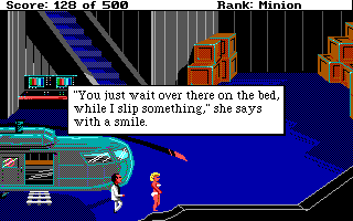 Leisure Suit Larry Goes Looking for Love (In Several Wrong Places) (DOS) screenshot: ...or by falling for a good-looking spy who will proceed to kill you in a horrifying fashion