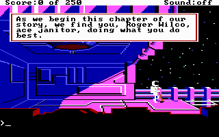 Space Quest II: Chapter II - Vohaul's Revenge (DOS) screenshot: Start of the game: "Sweating like a pork-beast in a pressure suit while relocating space debris in zero gravity".