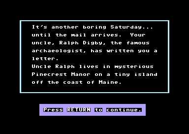 Mystery Double Feature (Commodore 64) screenshot: Pinecrest Manor - Introduction