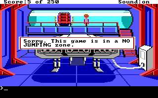 Space Quest II: Chapter II - Vohaul's Revenge (DOS) screenshot: Inside the Xenon station during the game's prologue. This is what the game tells you if you type "jump"