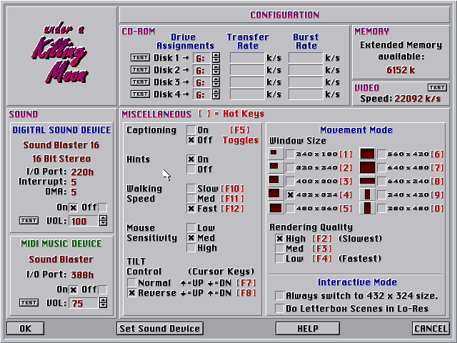 Under a Killing Moon (DOS) screenshot: Now <em>that's</em> a configuration screen