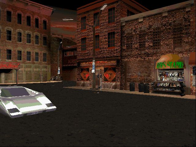 Under a Killing Moon (DOS) screenshot: The street outside your office (full-screen navigation enabled)