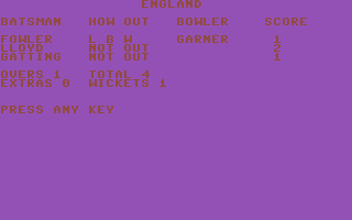 Cricket 64 (Commodore 64) screenshot: The scoreboard