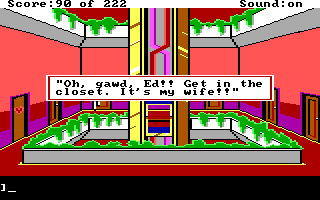 Leisure Suit Larry in the Land of the Lounge Lizards (DOS) screenshot: Exploring the hotel. You get many different responses from knocking on doors