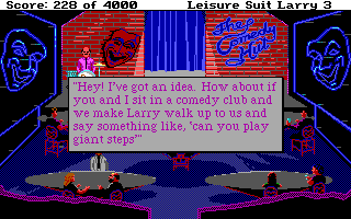 Leisure Suit Larry III: Passionate Patti in Pursuit of the Pulsating Pectorals (DOS) screenshot: Larry meets the <moby developer="al lowe">creator</moby> of the game in a hilarious meta-scene that uses any words the player wishes to insert into it