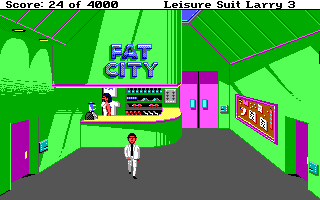 Leisure Suit Larry III: Passionate Patti in Pursuit of the Pulsating Pectorals (DOS) screenshot: Larry is visiting Fat City. A great name for a health spa!
