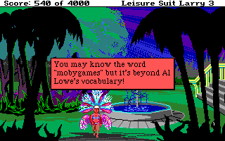 Leisure Suit Larry III: Passionate Patti in Pursuit of the Pulsating Pectorals (DOS) screenshot: Look at Larry's outfit!.. Also, this is how the game reacts to words it doesn't understand