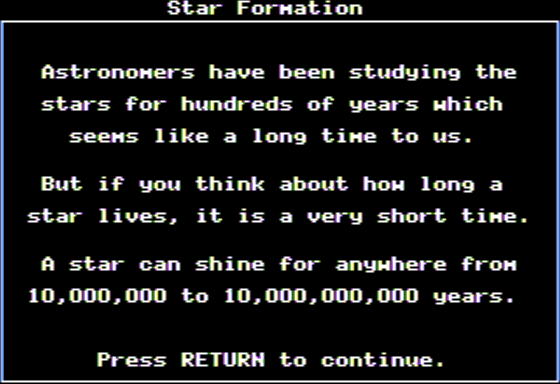 Planetary Construction Set (Apple II) screenshot: Details Regarding Star Formation